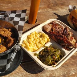 Craft Kitchen & Brewery - Our spread, from left to right: fried oysters, three meat plate and fried oyster Po boy w fries.