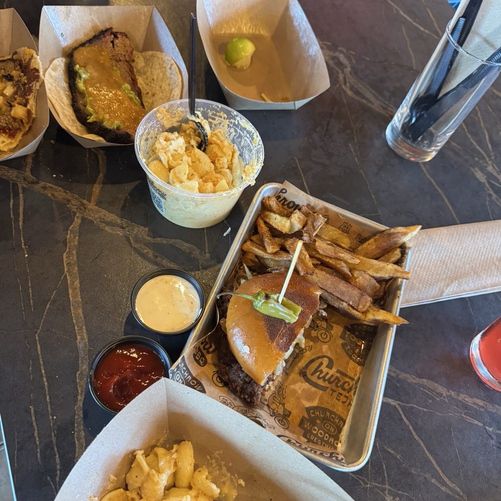 Valentina, El Chilango, burger and fries, mac and cheese, and some aguas frescas. Valentina, El Chilango, burger and fries, mac and cheese, and some aguas frescas.