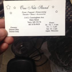 One Nite Stand - Business card with phone numbers and business hours.