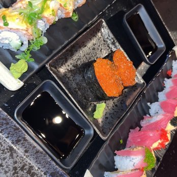 iSushi - Seared Salmon Roll Ikura Salmon Roe, Rockstar Roll - Sushi Bars Near Me - Renton, Washington iSushi - Seared Salmon Roll Ikura Salmon Roe, Rockstar Roll - Sushi Bars Near Me - Renton, Washington
