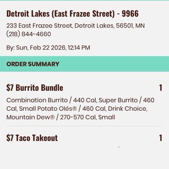 Taco John's - Time stamps from order to pickup - Mexican Near Me - Detroit Lakes, Minnesota Taco John's - Time stamps from order to pickup - Mexican Near Me - Detroit Lakes, Minnesota