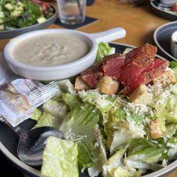 Belmont Brewing - Soup and Salad Combination Lunch - Caesar Salad w/ Ahi Tuna and New England Clam Chowder - Breweries Near Me - Long Beach, California