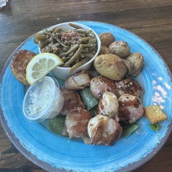 Frying Pan - Bacon wrapped scallops dinner. - Seafood Near Me - Southport, North Carolina