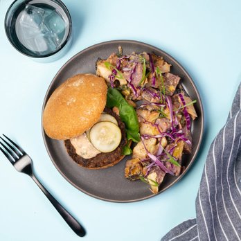 Sweet Pea Plant Based Kitchen - Mushroom Black Bean Burger - Food Delivery Services Near Me - Rochester, New York Sweet Pea Plant Based Kitchen - Mushroom Black Bean Burger - Food Delivery Services Near Me - Rochester, New York