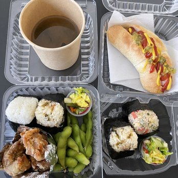 Lagu Cafe - L: Bento box (miso soup included); R: onigiri set, arabiki sausage dog - Cafes Near Me - Irvine, California Lagu Cafe - L: Bento box (miso soup included); R: onigiri set, arabiki sausage dog - Cafes Near Me - Irvine, California