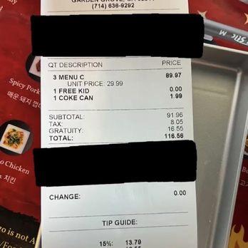 Red Castle - BEWARE!! Automatic 18% gratuity for 3 adults and a 2 year old. - Korean Near Me - Garden Grove, California Red Castle - BEWARE!! Automatic 18% gratuity for 3 adults and a 2 year old. - Korean Near Me - Garden Grove, California