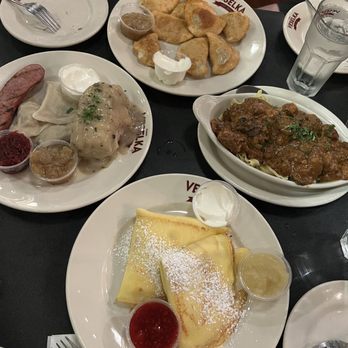 Veselka - Classic Pierogi 8* Deluxe Meat Combo Blintz Plate - Ukrainian Near Me - New York, New York Veselka - Classic Pierogi 8* Deluxe Meat Combo Blintz Plate - Ukrainian Near Me - New York, New York