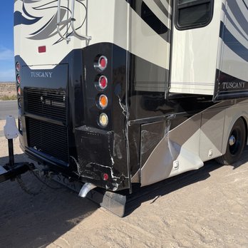 Desert RV Service & Repair - Damage from desert Rv worker jackknifing Rv and trailer - RV Repair Near Me - Brawley, California