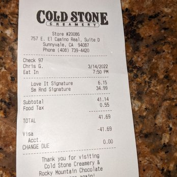 Cold Stone Creamery - Receipt - Ice Cream & Frozen Yogurt Near Me - Sunnyvale, California