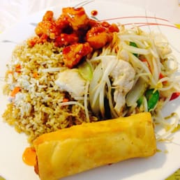 Lunch special: General Tsao chicken with fried rice and chicken chow mein. Lunch special: General Tsao chicken with fried rice and chicken chow mein.