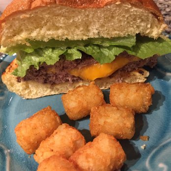 The Stein & Vine - Juicy Lacey Cheeseburger with Tots (1/2 w/ 1/2) - Best Burger Everrrrr! - Bars Near Me - Brandon, Florida