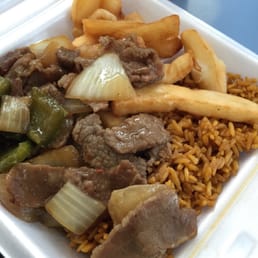 Pepper Steak, fries, & Fried Rice. Looks better than it tastes.