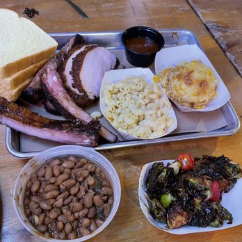 Stiles Switch BBQ & Brew - Turkey, brisket, & ribs and a side of beans, brussel sprouts, mac & cheese & corn casserole. - Barbeque Near Me - Austin, Texas