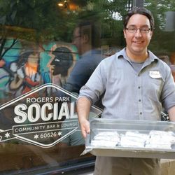 Rogers Park Chamber of Commerce - Rogers Park President Bill Morton supports taco fundraiser for education at Rogers Park Social on Glenwood Avenue.