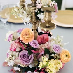 Cameron & Fairbanks - Mid summer color blast for a candelabra centerpiece. Wedding, Putnman, Ct.