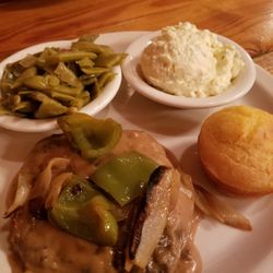 General's Cafe - Hamburger steak green beans and tater salad with a cornbread muffin ( ok literally the 1 meat and two sides special with dessert)