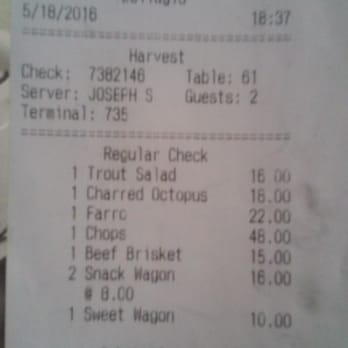 Harvest - Receipt for pricing reference, since there is no online menu - New American Near Me - Las Vegas, Nevada Harvest - Receipt for pricing reference, since there is no online menu - New American Near Me - Las Vegas, Nevada