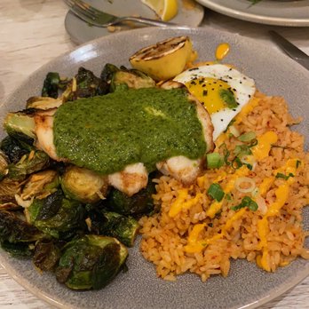 Pacific Catch - striped sea bass with kim chi fried rice and thai brussels - Sushi Bars Near Me - Santa Clara, California Pacific Catch - striped sea bass with kim chi fried rice and thai brussels - Sushi Bars Near Me - Santa Clara, California