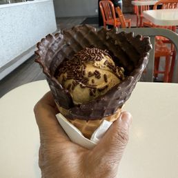 Chocolate dipped waffle cone with mini coffee ice cream scoop and chocolate sprinkles Chocolate dipped waffle cone with mini coffee ice cream scoop and chocolate sprinkles