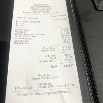 Rustik Tavern - Receipt - American Near Me - Brooklyn, New York Rustik Tavern - Receipt - American Near Me - Brooklyn, New York