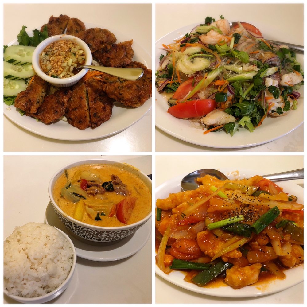Red Elephant - Fish Patties (Top L) Yum Woon Sen (Top R) Duck Curry (Bot. L) Fried Fish w/Sweet Chili Sauce (Bot. R) - Thai Near Me - Honolulu, Hawaii Red Elephant - Fish Patties (Top L) Yum Woon Sen (Top R) Duck Curry (Bot. L) Fried Fish w/Sweet Chili Sauce (Bot. R) - Thai Near Me - Honolulu, Hawaii