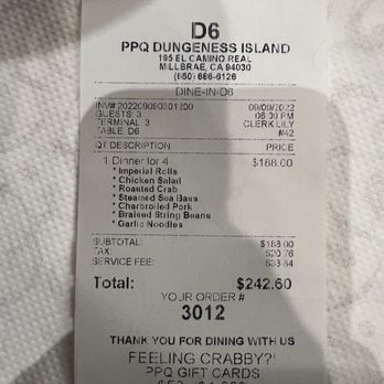 PPQ Dungeness Island - Millbrae - The bill for 3 people. Peep the "service fee" for barely any service. - Seafood Near Me - Millbrae, California