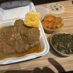 Mz Jade’s Soul Food - Sharonville - Smothered pork chops, candied yams with PLENTY of syrup and some of the best tasting and tender greens I've had since my granny passed.