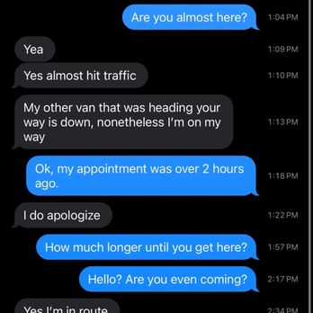 Kirkland Steemer Carpet Care - I would hardly call this communication. Did NOT answer phone when called. Waited 2 hours after he said he was on his way. - Carpet Cleaning Near Me Kirkland Steemer Carpet Care - I would hardly call this communication. Did NOT answer phone when called. Waited 2 hours after he said he was on his way. - Carpet Cleaning Near Me