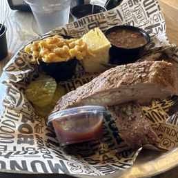 Rib and brisket with Mac n cheese and baked beans Rib and brisket with Mac n cheese and baked beans