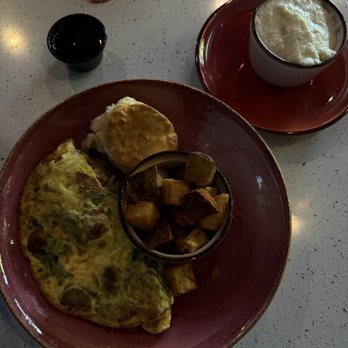 Just Brunch Breakfast Bar - Meat Lovers Omelet, potatoes & a fluffy biscuit. A side of grits that you better try - Breakfast & Brunch Near Me - Duluth, Georgia