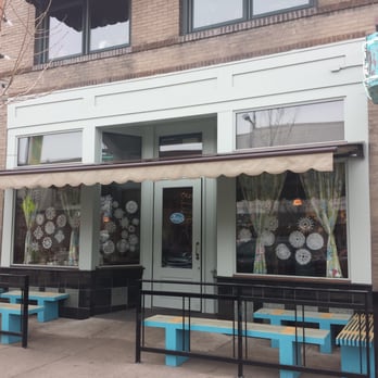 Ladybird Diner - Improved facade with awning, outdoor fence, and benches. - Cafes Near Me - Lawrence, Kansas