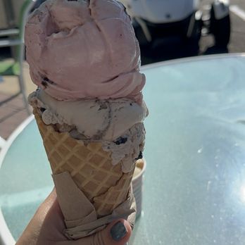 Scoops Ice Cream - Black Cherry & Malt Amore in a waffle cone - Ice Cream & Frozen Yogurt Near Me - Lake Geneva, Wisconsin