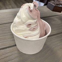 The Ice Cream Shop - Soft serve black raspberry and vanilla swirl in a dish.