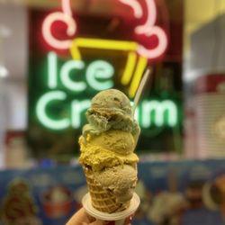 Bruster's Real Ice Cream - 3 flavor ice cream cone: sea salt caramel, mango, and key lime pie. The key lime flavor was great but the "crust" portion was too much