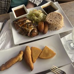 Jerk Chicken, Cabbage, Rice and Peas, Plantain, Bammy, Festival.