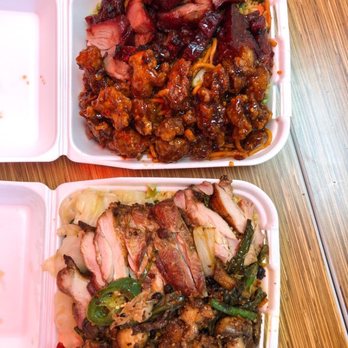 Happy Wok - Top: Spicy Tangerine Chicken and BBQ Pork Bottom: Spicy Garlic Black Bean Chicken and Teriyaki Chicken - Chinese Near Me - Rowland Heights, California