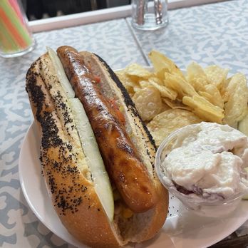 The Farm & Table - Chicago Style Hotdog W/ chips and potato salad - New American Near Me - Nazareth, Pennsylvania