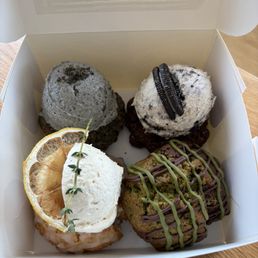 Black sesame, Oreo, lemon earl grey, chocomatcha Black sesame, Oreo, lemon earl grey, chocomatcha