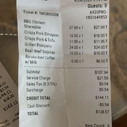 Notice service charge for 5 patrons and surcharge of $5.54 discounted, but showing back up on following final total receipt. Notice service charge for 5 patrons and surcharge of $5.54 discounted, but showing back up on following final total receipt.