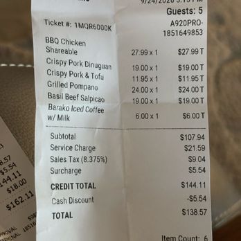 Full House BBQ - Notice service charge for 5 patrons and surcharge of $5.54 discounted, but showing back up on following final total receipt. - Barbeque Near Me - Las Vegas, Nevada Full House BBQ - Notice service charge for 5 patrons and surcharge of $5.54 discounted, but showing back up on following final total receipt. - Barbeque Near Me - Las Vegas, Nevada