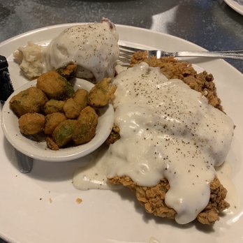 Cotton Patch Cafe - Chicken fried steak, garlic roasted mashed potatoes and fried okra. - American Near Me - Rockwall, Texas Cotton Patch Cafe - Chicken fried steak, garlic roasted mashed potatoes and fried okra. - American Near Me - Rockwall, Texas