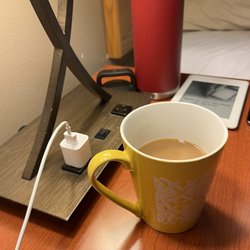 Lakeview Motel - Rooms have nice lamps with plugs & in-room coffee machines with ceramic mugs.