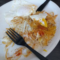 Eggs and hash browns. Food was cold for 1, and 2 the Hash Browns were still raw. Could not finish my meal it grossed me out so much. Eggs and hash browns. Food was cold for 1, and 2 the Hash Browns were still raw. Could not finish my meal it grossed me out so much.