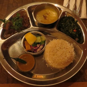 Annapurna Cafe - Dal Bhat Ra Khasi Ko Masu ($18.00) - goat curry, Saag Sabji, lentil, Mula Achar, tomato chutney, and basmati or brown rice - Indian Near Me - Seattle, Washington Annapurna Cafe - Dal Bhat Ra Khasi Ko Masu ($18.00) - goat curry, Saag Sabji, lentil, Mula Achar, tomato chutney, and basmati or brown rice - Indian Near Me - Seattle, Washington