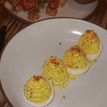 Yardbird - 11/01/2024.  Deviled eggs: needs more mayo, 3.5 stars.  Popcorn shrimp, love the beer batter, but shrimp should be bigger, 4/5 stars - Southern Near Me - Las Vegas, Nevada
