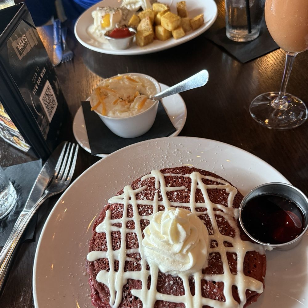 Red velvet pancakes and Honey Butter Chicken Benedict-Brunch Only Red velvet pancakes and Honey Butter Chicken Benedict-Brunch Only