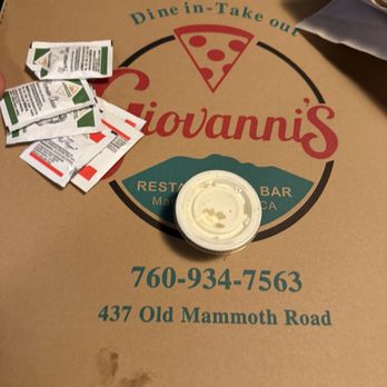 Giovanni's - Don't forget to grab crushed pepper and Parmesan cheese. You can skip the ranch. - Pizza Near Me - Mammoth Lakes, California Giovanni's - Don't forget to grab crushed pepper and Parmesan cheese. You can skip the ranch. - Pizza Near Me - Mammoth Lakes, California