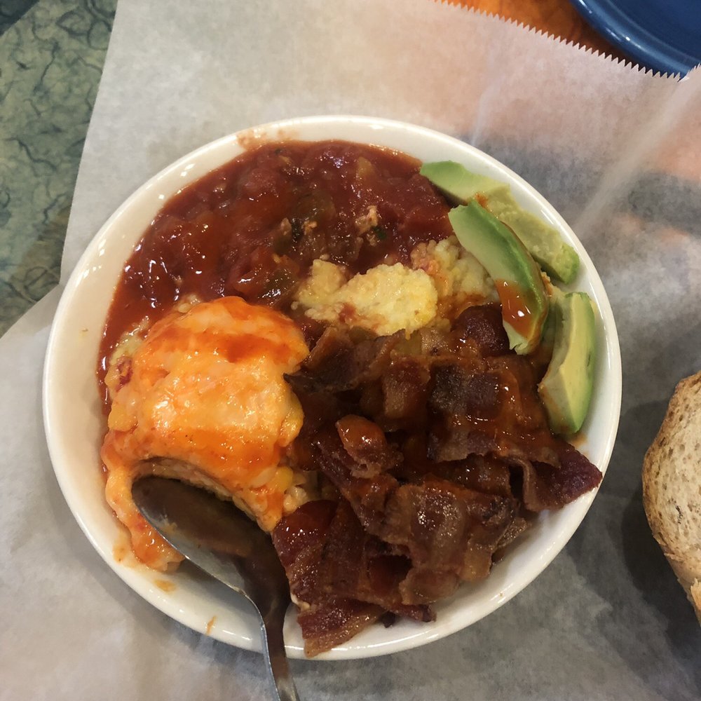 New Moon Cafe - Downtown style grits bowl pimento cheese, bacon, salsa, avocado & cholula ....and when I'm feeling really hungry I add an over-easy egg. - Breakfast & Brunch Near Me - Augusta, Georgia New Moon Cafe - Downtown style grits bowl pimento cheese, bacon, salsa, avocado & cholula ....and when I'm feeling really hungry I add an over-easy egg. - Breakfast & Brunch Near Me - Augusta, Georgia