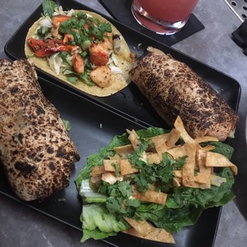 MEXiCUE - Top left to clockwise: lobster taco, chicken burrito, tuna ceviche taco, jamburrito - Mexican Near Me - Stamford, Connecticut