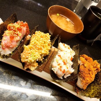 MORU - Left to right: Moru Poke Roll, Samon Avocado Roll, Creamy Scallop Roll, and Soft Shell Crab Roll, and it comes w/ miso soup. - Japanese Near Me - Fort Lee, New Jersey MORU - Left to right: Moru Poke Roll, Samon Avocado Roll, Creamy Scallop Roll, and Soft Shell Crab Roll, and it comes w/ miso soup. - Japanese Near Me - Fort Lee, New Jersey